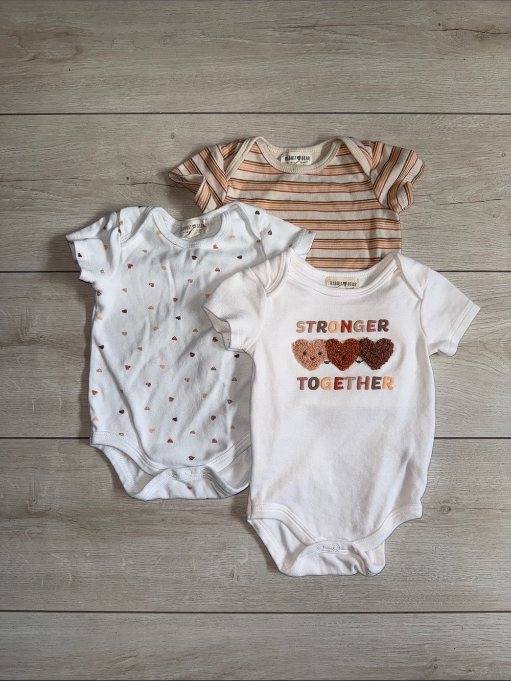 3-Pack Baby One-Piece Bodysuits in White and Tan - 'Stronger Together' Set